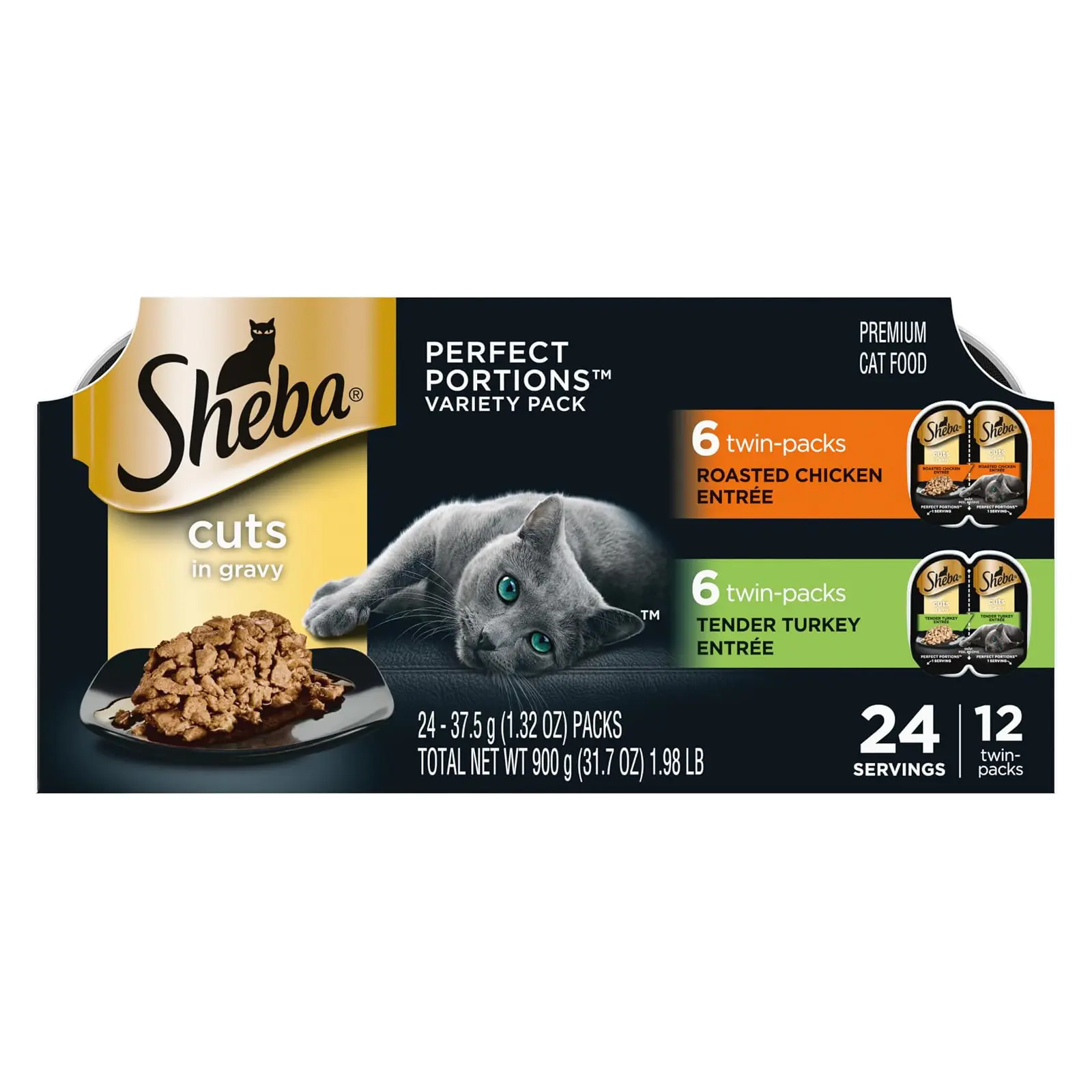 Sheba Perfect Portions Cuts Wet Cat Food, Chicken & Turkey, 2.6 oz, 12 ct Grain-free, Roasted Chicken & Tender Turkey, adult cat food, protein-rich, no fillers or artificial flavors, twin-pack trays