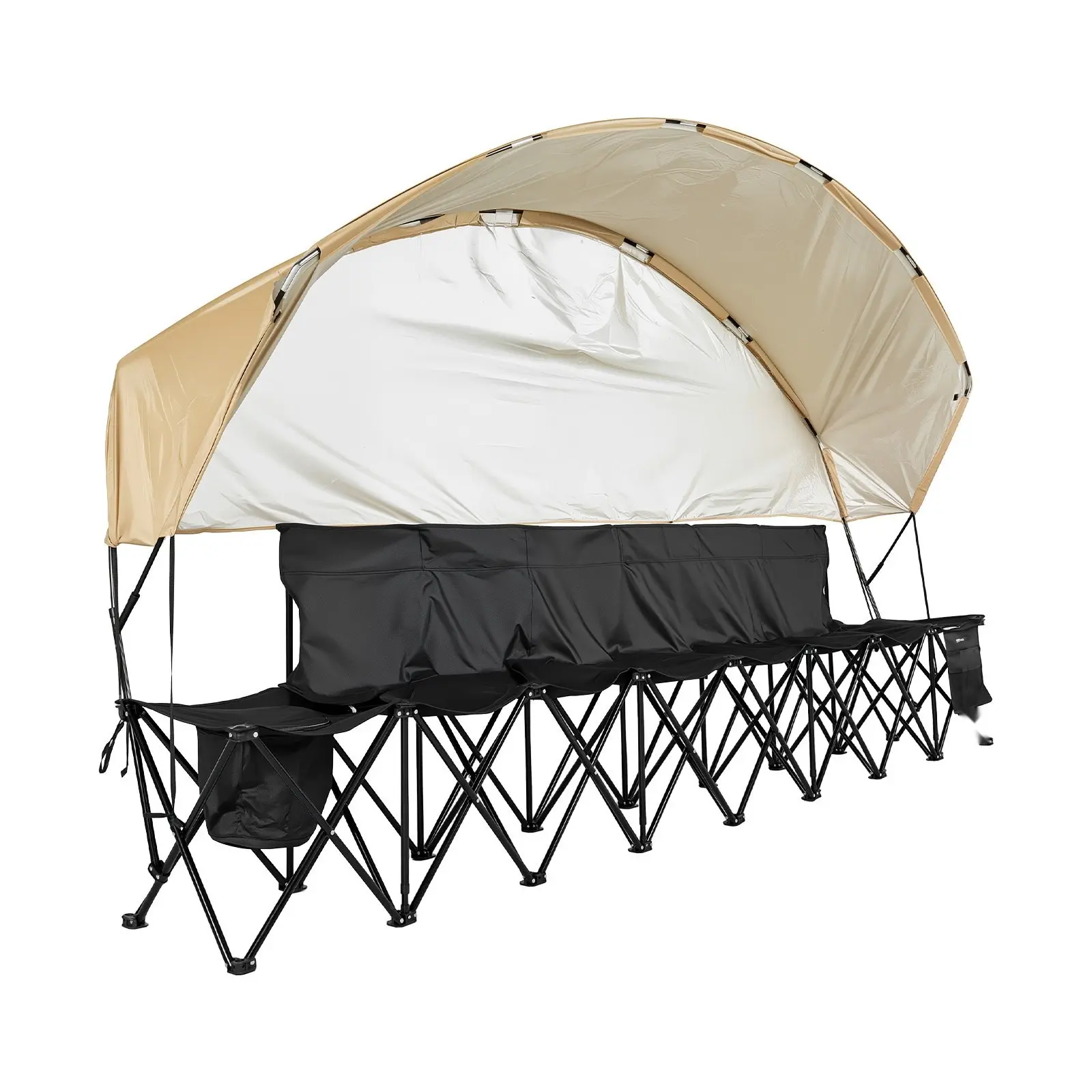 Portable Folding Bench, 6-Seat Sideline Bench With Storage Pockets, Cup Holders And Carrying Bag, Lightweight Outdoor Seating With Sunshade For Football, Baseball, Camping, Outdoor Events, Black
