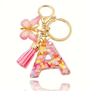 Pink Letter Keychain With Heart-Shaped Sequins, Butterfly Tassel Keychain, Crystal Drop Adhesive Pendant Accessories