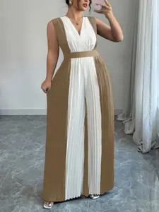 Women's Plus Size Fashion Chic Spring Summer New V Neck Sleeveless Waist Cinching Jumpsuit, Pleated Flared Hem Slimming, Commute Fit