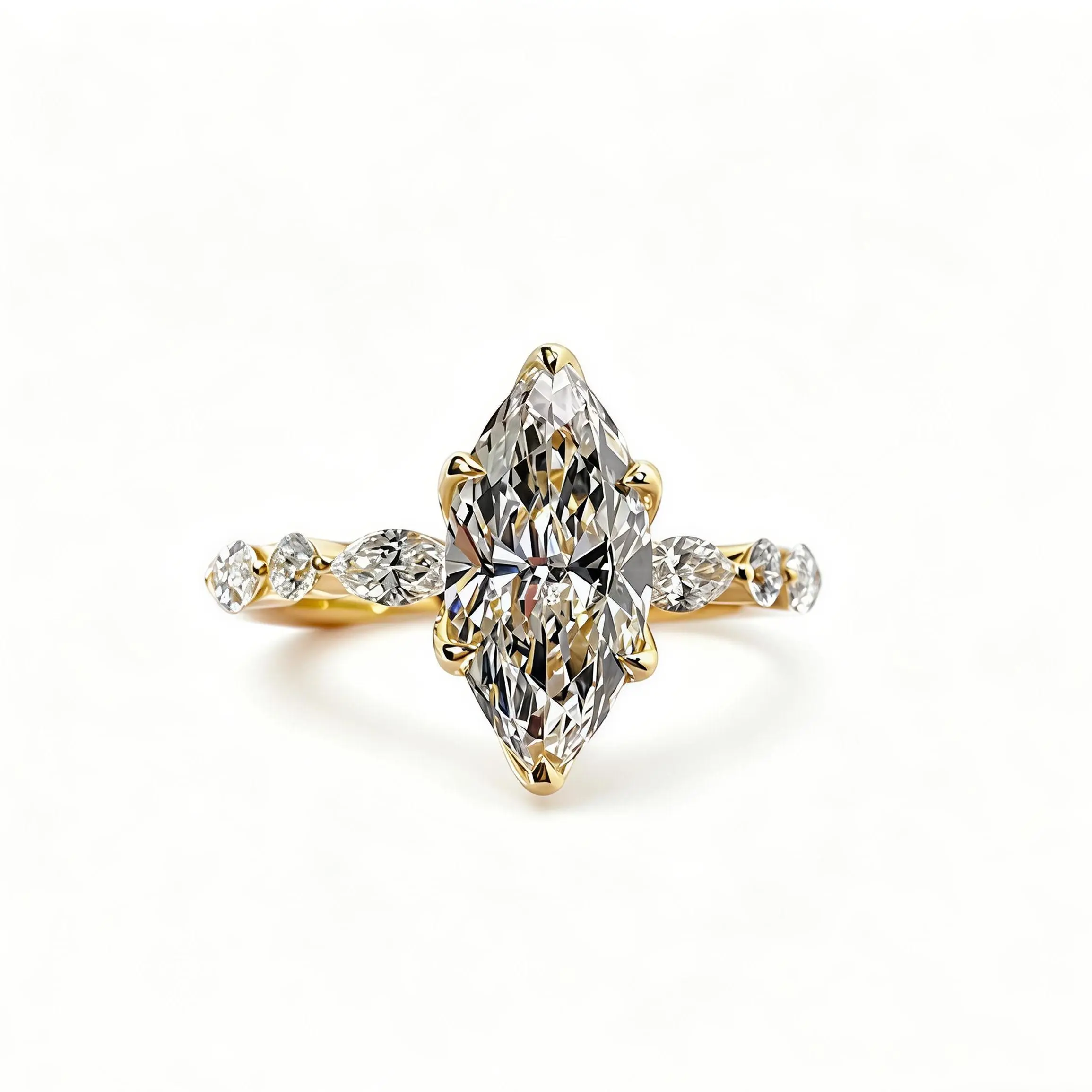 14-K lab-grown diamond py10 main stone, 3 ct, D–E color, VVS–VS clarity, six-prong marquise cut; laboratory-grown diamond engagement/wedding ring