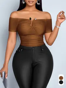 Women's Summer Casual Plus Size Solid Color One Shoulder Short Sleeve Blouse Top, Fitted Fashionable Women's Clothing for Daily Wear