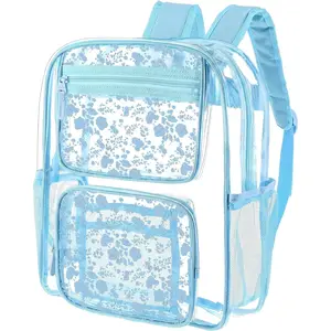 Blue Flower Clear Backpack Women   Preppy Cute Blue Floral  Pack 16 H x 6 W x 12 L Stadium Approved See Through Backpack Heavy Duty Transparent Bag for Travel Work Concert