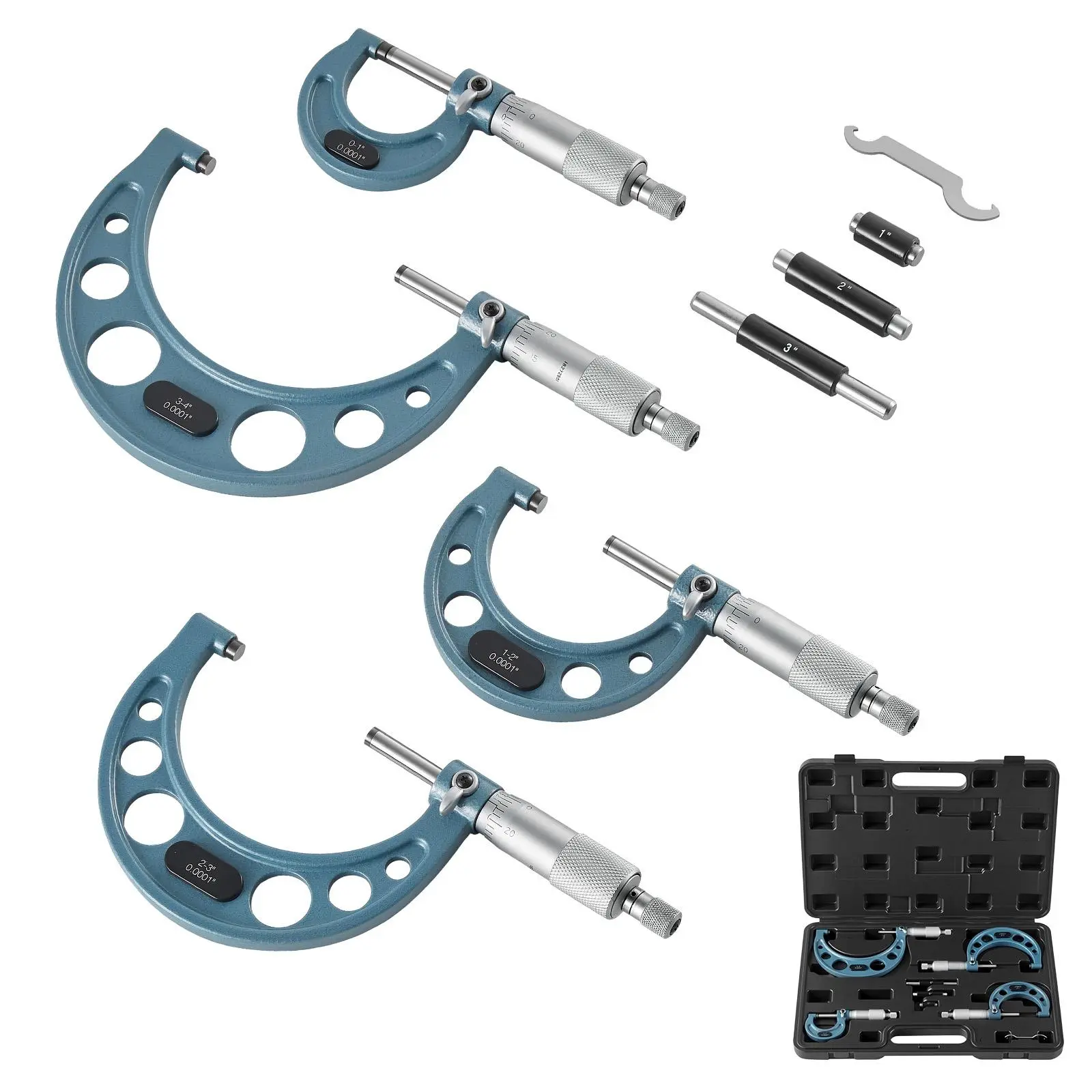 VEVOR 4 PCS Professional Machinist Outside Micrometer Set with Ratchet Wrench, 0-1"/1-2"/2-3"/3-4" Range, 0.0001 Ultra-Precision Accuracy, Metal Frame, Carbide-Tipped Measuring Head, Protective Case, for Outer Diameter Precision Work, Hardware Hand Tool,
