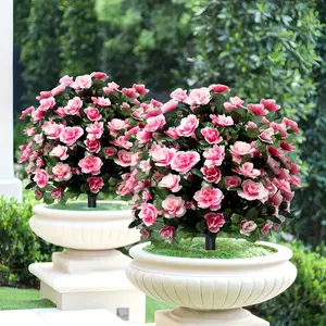 Spring Pink Straight-Placed Rhododendron Flower Bouquet with Thorns, Green Leaves and Pink Flowers - High-quality plastic indoor and outdoor decoration, easy to install and maintenance-free, suitable for outdoor garden green belts, artificial green plants