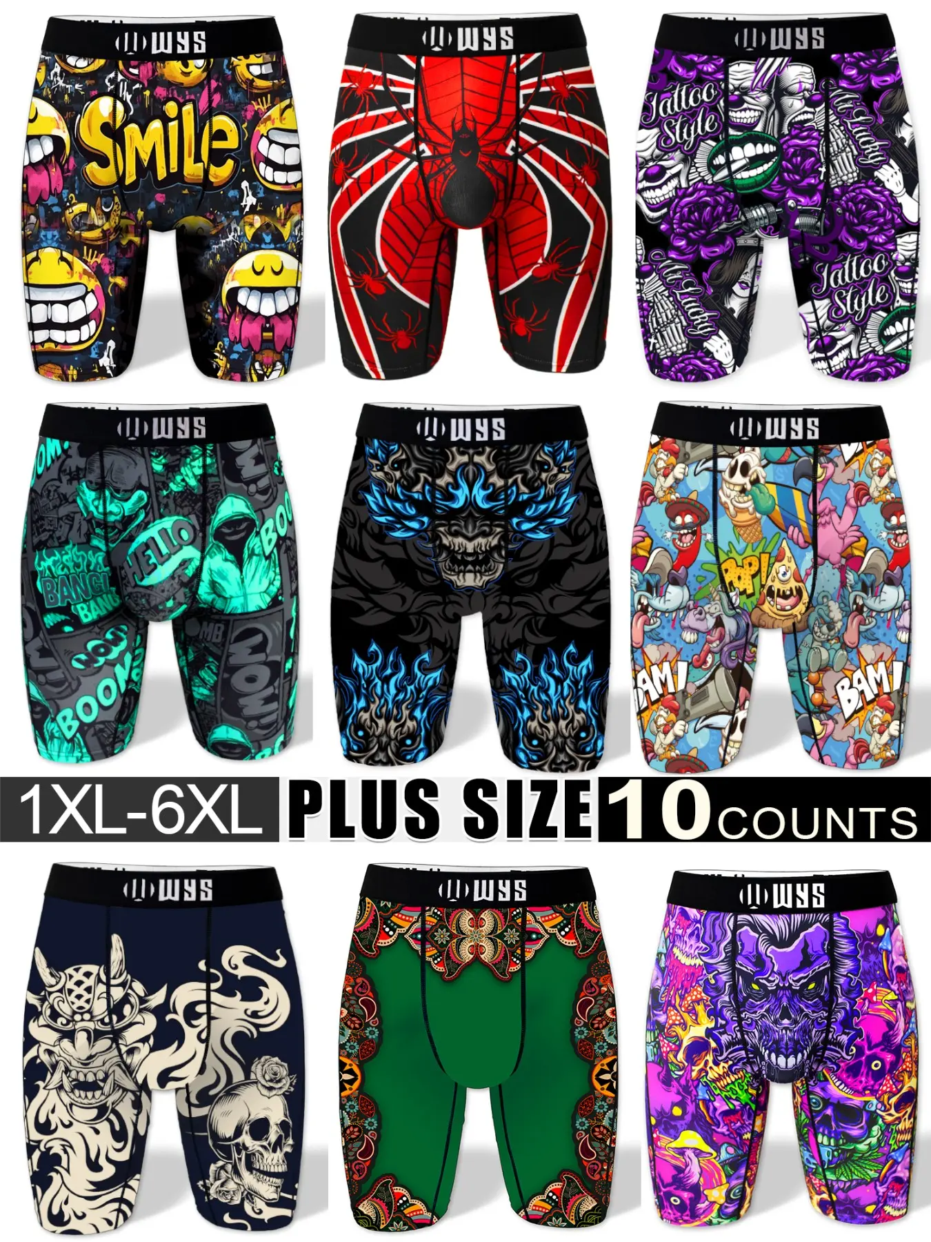 Random 10-Pack Plus Size Men's Comfortable Casual Festive Novelty Boxer Briefs, Breathable Sport Moisture-Wicking Halloween Print Quick-Dry Underwear