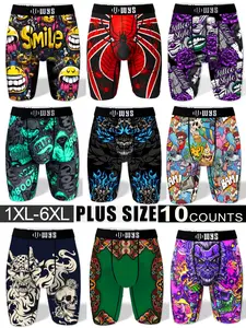 Random 10-Pack Plus Size Men's Long Briefs, All Season Briefs, Novelty Sports Boxer Briefs, Streetwear Underwear, Breathable Sport Underwear, Moisture-Wicking, Halloween Print, Quick-Dry, Comfortable Casual Pants