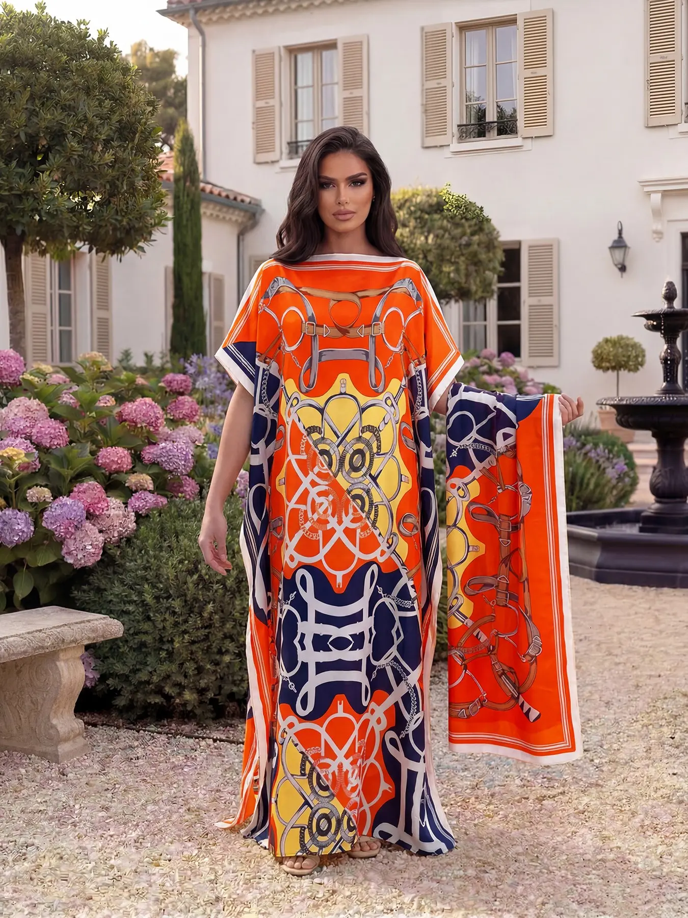 Elegant Simulation Silk Chain Print Design Moo Moo Long Dress Robe Set, Sun Protection Satin Scarf, Women's Beachwear, Summer, Boho Summer Outfit