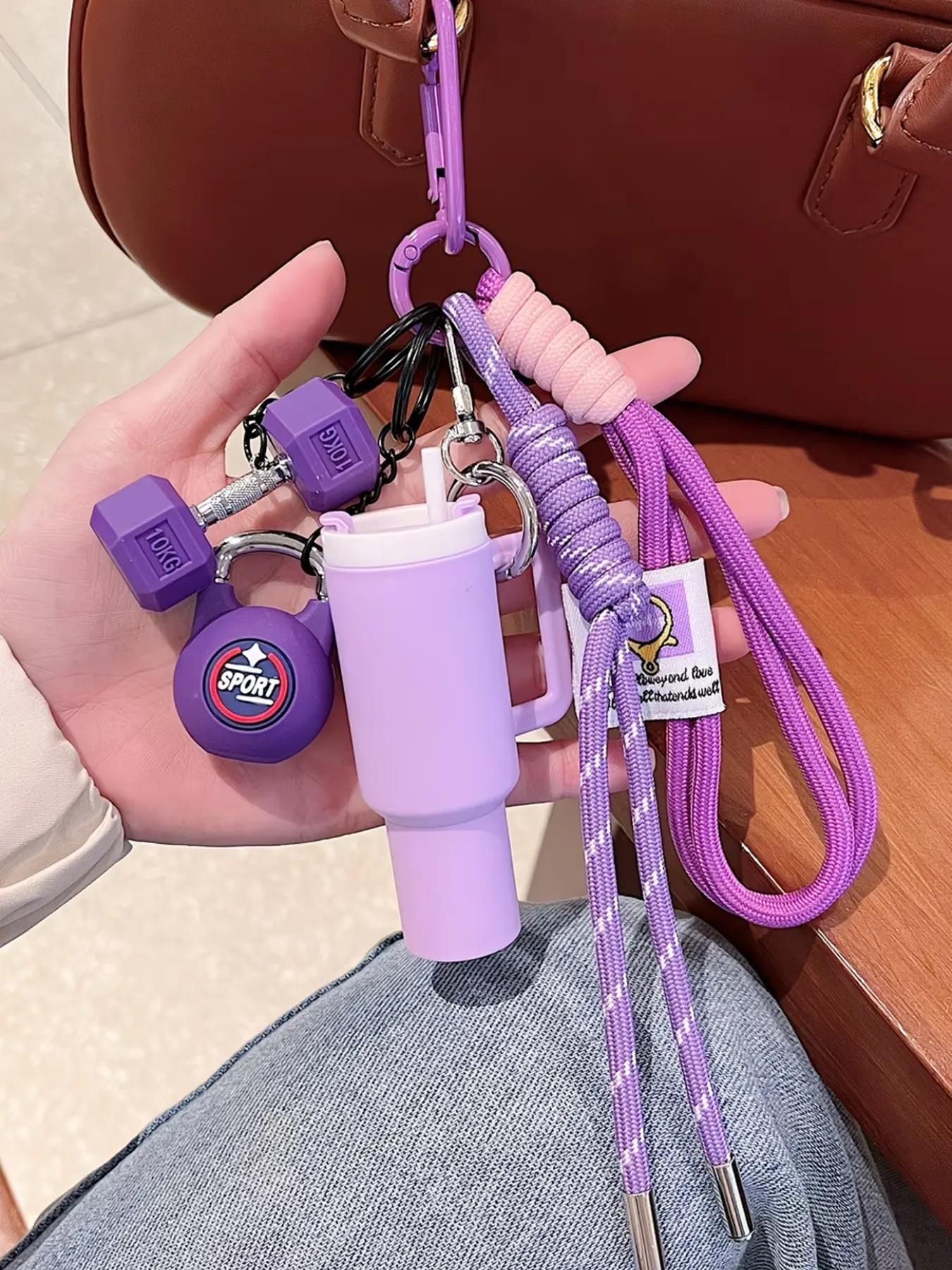 Girly Mini Water Cup Keychain Pendant with Dumbbell and Kettlebell Charms, Braided Strap Keychain for Students and Commuters, Attaches to Backpacks or Key Rings, Cute Keychain Accessory for Daily Use