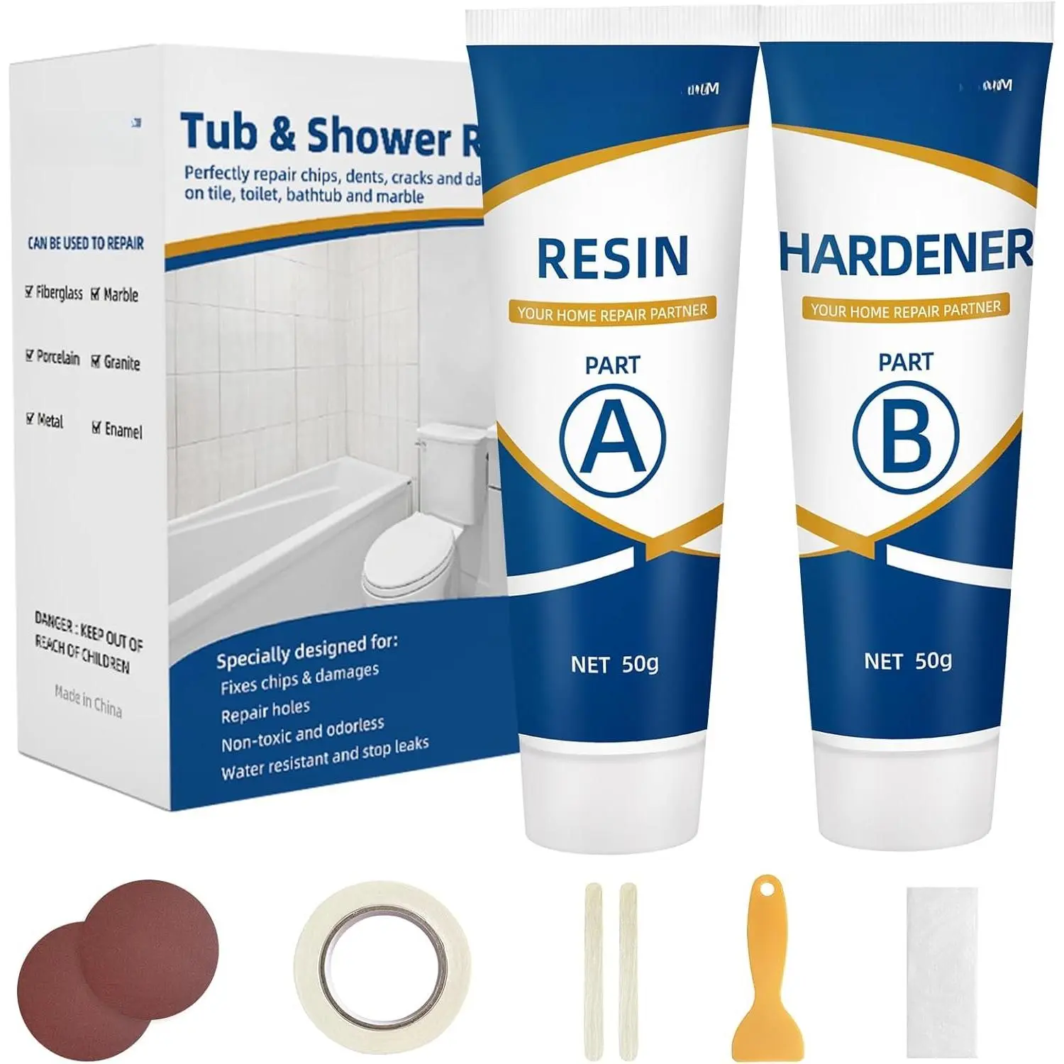 Tub and Shower Repair Kit White, Fiberglass Tub and Porcelain Repair Kit, , Enamel, Ceramics Tile Toilet and Sink Repair Kit, Repair cracks, fragments, holes and pits, Bathtub Repair Kit White