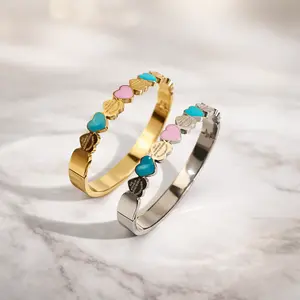 [Forever & Love] Couple's Love Gold Silver Enamel Unisex Heart Bracelet Set -Titanium Steel Cuff (Bracelet Quiet Luxury Trendy Ins Aesthetic Couple Engagement Wedding Romantic Statement Accessories for Women Valentines&birthday Boujee Gifts for gf and Mom