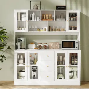 Open Storage Floor White Kitchen Cabinet with 6 Glass Door Hutch, 3 Drawers & Microwave Shelf, Freestanding Floor Hutch