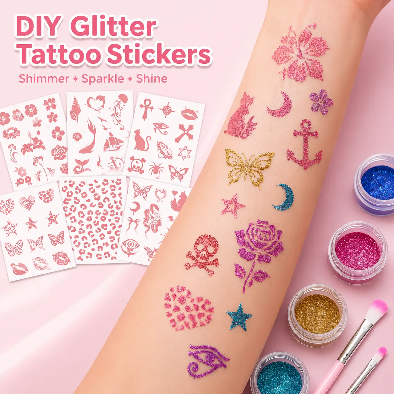 Temporary Glitter Tattoo Kit, 6 Sheets Glitter Tattoos, 10 Unique Stencils, 10 Glitter Colors & 2 Brushes, Shimmering Body Art Makeup for Adults & Teens, Festival Makeup, Beach Vacation Accessories, Summer Party Supplies,SummerVibes