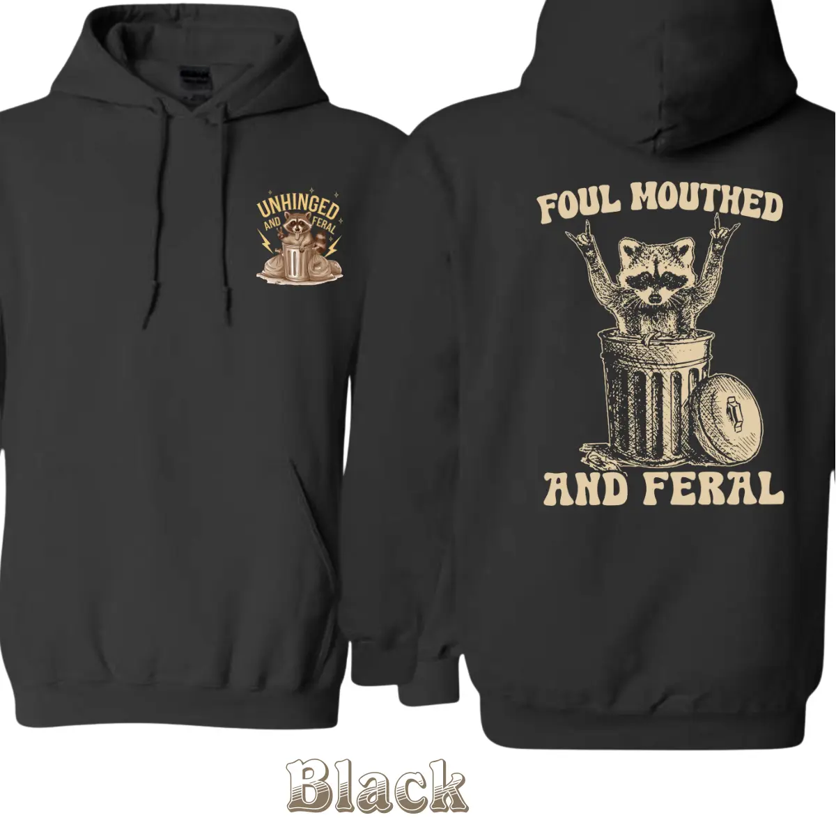 Foul Mouthed And Feral Raccoon Hoodie - Funny Trash Panda Graphic With Rock Hand Sign, Cozy Pullover For Streetwear Lovers , Bold Statement Outfit , Casual Everyday Hoodie , Gift For Animal Meme Fans , Unique Unhinged And Feral Style Classic Menswear Tops