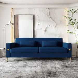 Mid-Century Modern Velvet Sofa, 84 inches Loveseat Large Sectional Couch with Gold Metal Leg & 2 Pillows, Upholstered Deep Seat Couches for Living Room, Bedroom Home, Office Blue