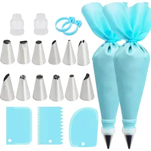 Piping Bags and Tips Set, Reusable Cake Decorating Supplies with 2 Reusable Bags, 12 Icing Tips, 2 Silicone Rings, 2 Couplers and 3 Scrapers, Cake Decorating Kit, Cake Baking Tools for Cookie Icing Cupcakes