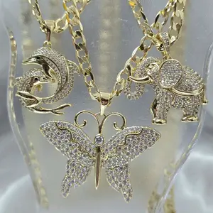 Gold Cuban Chain Necklaces with Assorted Charms 4mm Width 17.5 Inches Length Featuring Dolphin Elephant & Butterfly Pendants