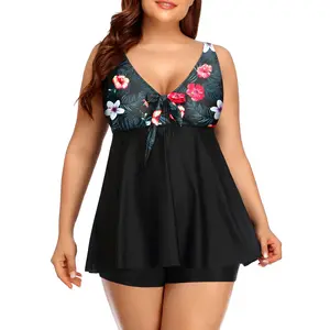 Yonique Women's Plus Size Two-Piece Flyaway Tankini Swimsuit - V-Neck Full Coverage Tank Top, Boy Shorts, Flattering Fit, Tied Bow, Slimming Flare for Beach, Swimming  SwimWeek  summervibes