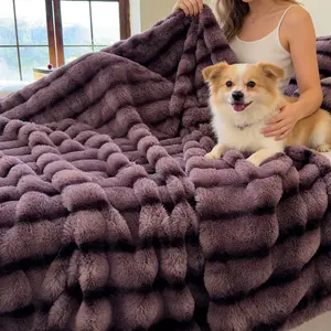 Luxurious Faux Rabbit Fur Striped Blanket, Durable and Soft and Cozy, Multi-Functional for Sofa Bedroom Living Room Travel