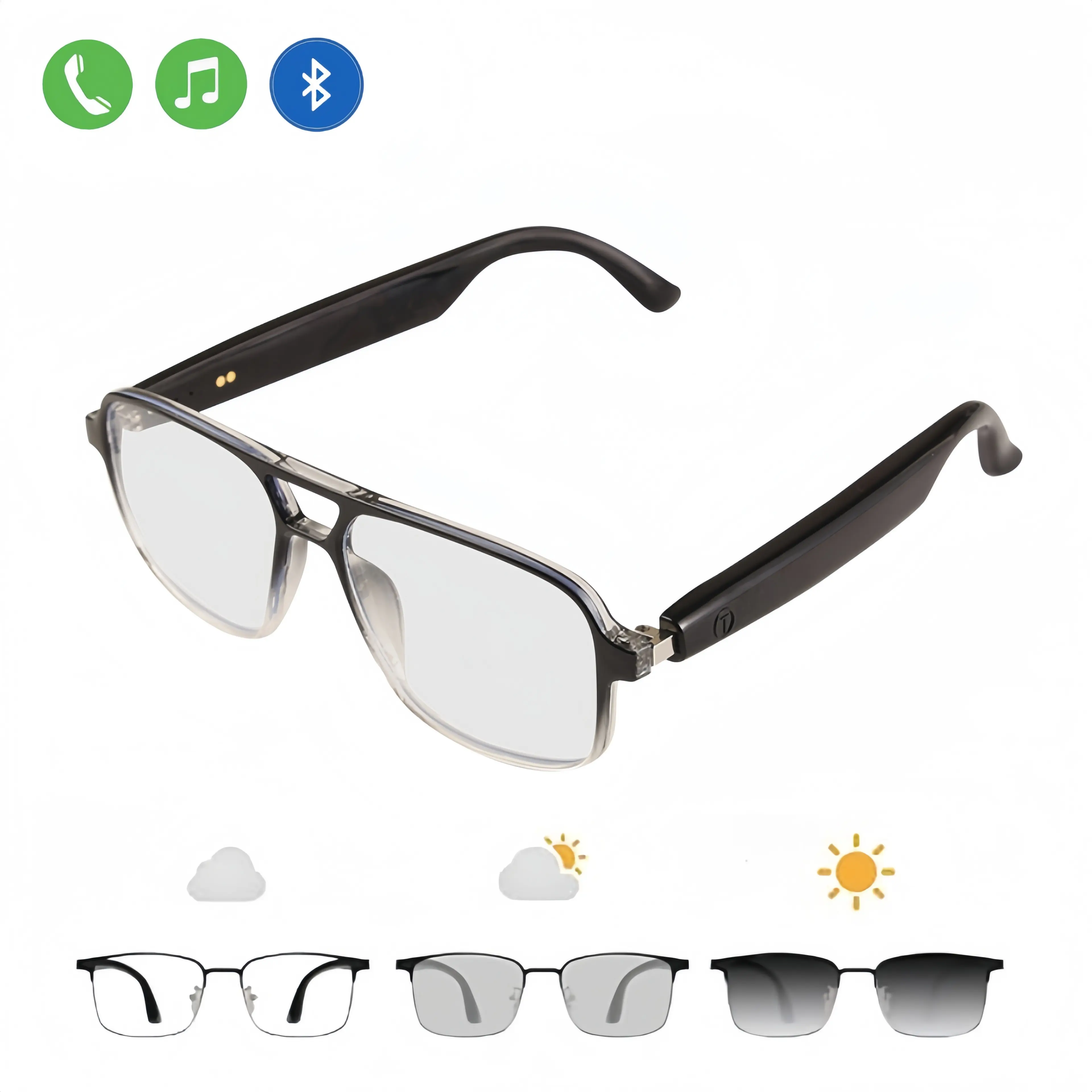 Wireless Bluetooth Audio Smart Glasses with Photochromic Lenses, UV Protection Metal Frame, Surround Sound, Microphone, Music Support, Eye Care, Bonus Pouch, Charging Cable, Batteries, Cleaning Cloth, Unisex Father's Day Gift Wearable Device, Fathersdaygi