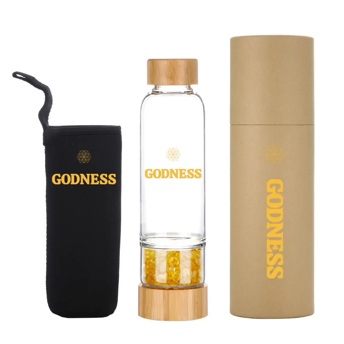 Godness Bottle - Crystal Water Bottle - Citrine Crystals - Glass Bottle