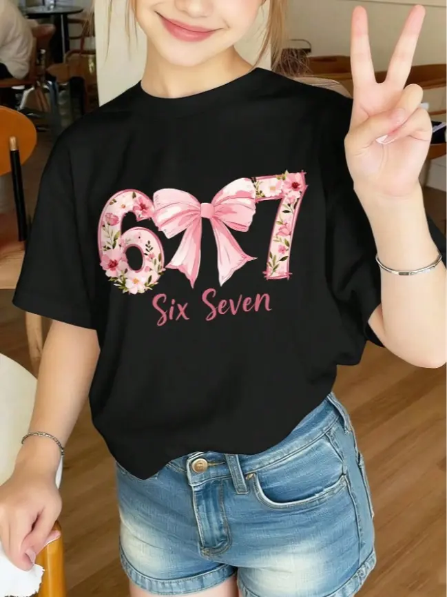 Romantic Aesthetic Bestie Daily Hangout Flower Wrapped Digit Bow Letter Print Tee Breathable Cotton Loose Black Casual Top