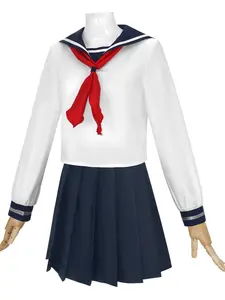 Anime Sailor Uniform Set, Kino Blue Stage Performance School Dress, Slim-Fit Solid Pattern, All-Seasons Wear, Top + Skirt + Necktie