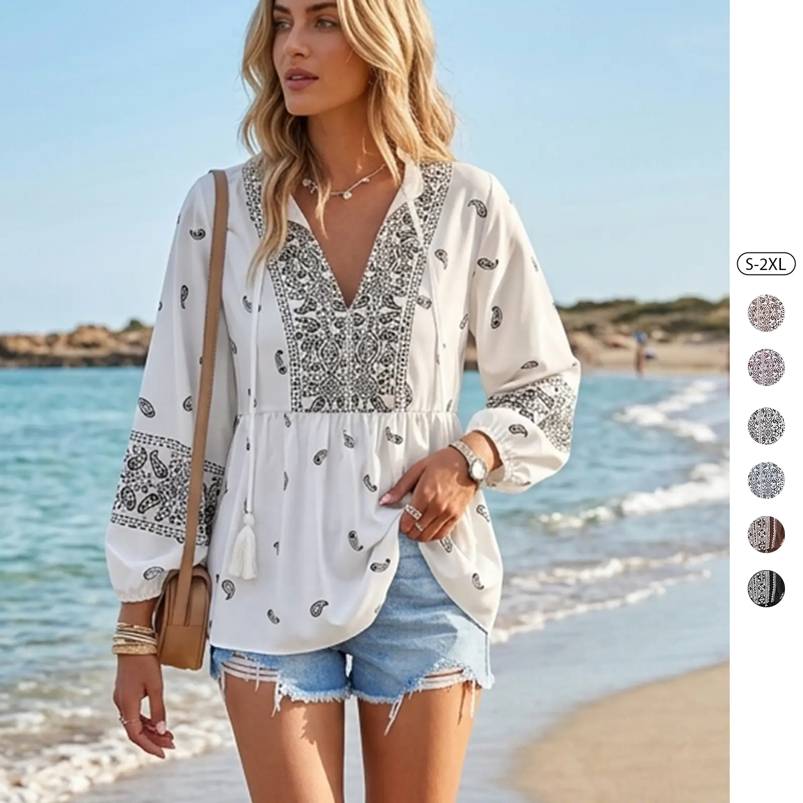 Tankaneo Women's V-Neck Boho Babydoll Blouse Tops - Elastane, Breathable, Pleated Peplum, Long Sleeve Lantern Sleeves, Summer Dressy Casual Tunic for Thanksgiving, Valentine's Day (Boho Style Outfit)