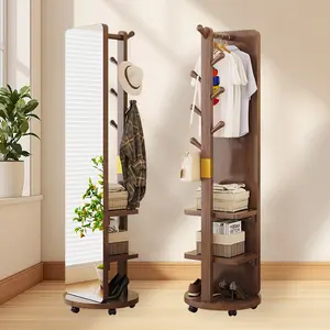 Full Length Mirror, Full Body Mirror Solid Wood Oversized Floor Mirror with Coat Rack, Stand Long Mirrors with Storage Shelves