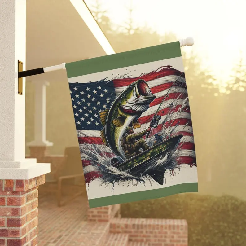 Patriotic Bass Fishing Flag: American Angler Garden Decor, Polyester Fabric, Yard Decorations Outside