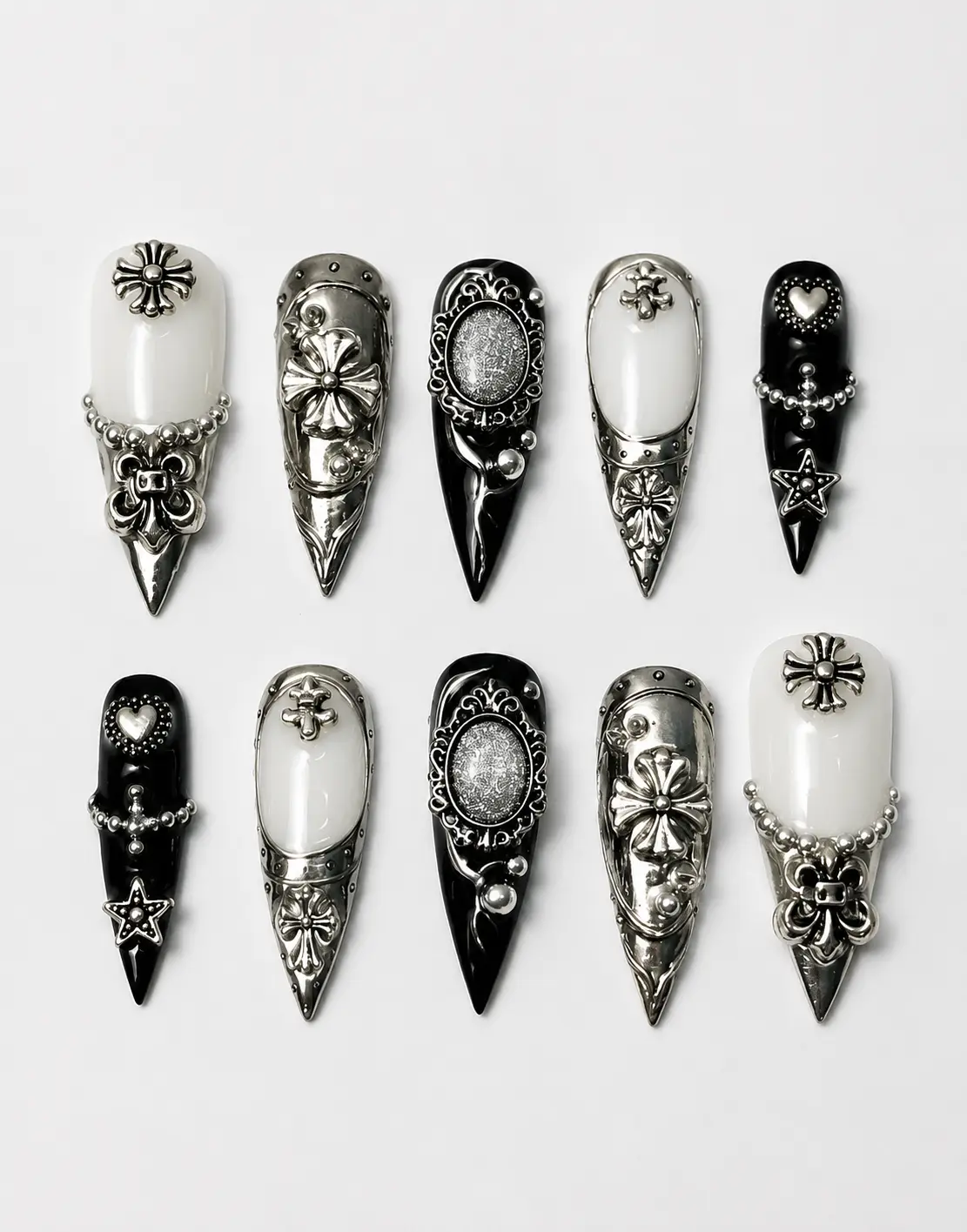 Freestyle Gothic Chrome Silver Press On Nails Long Stiletto, Black White Metal Charm Punk Rock Nails, Handmade 3D Luxury Nail Art Set