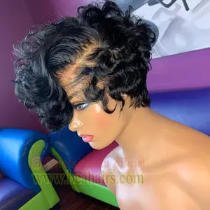 Brazilian virgin hand tied full lace pixie cut curly short bob wig---BH457