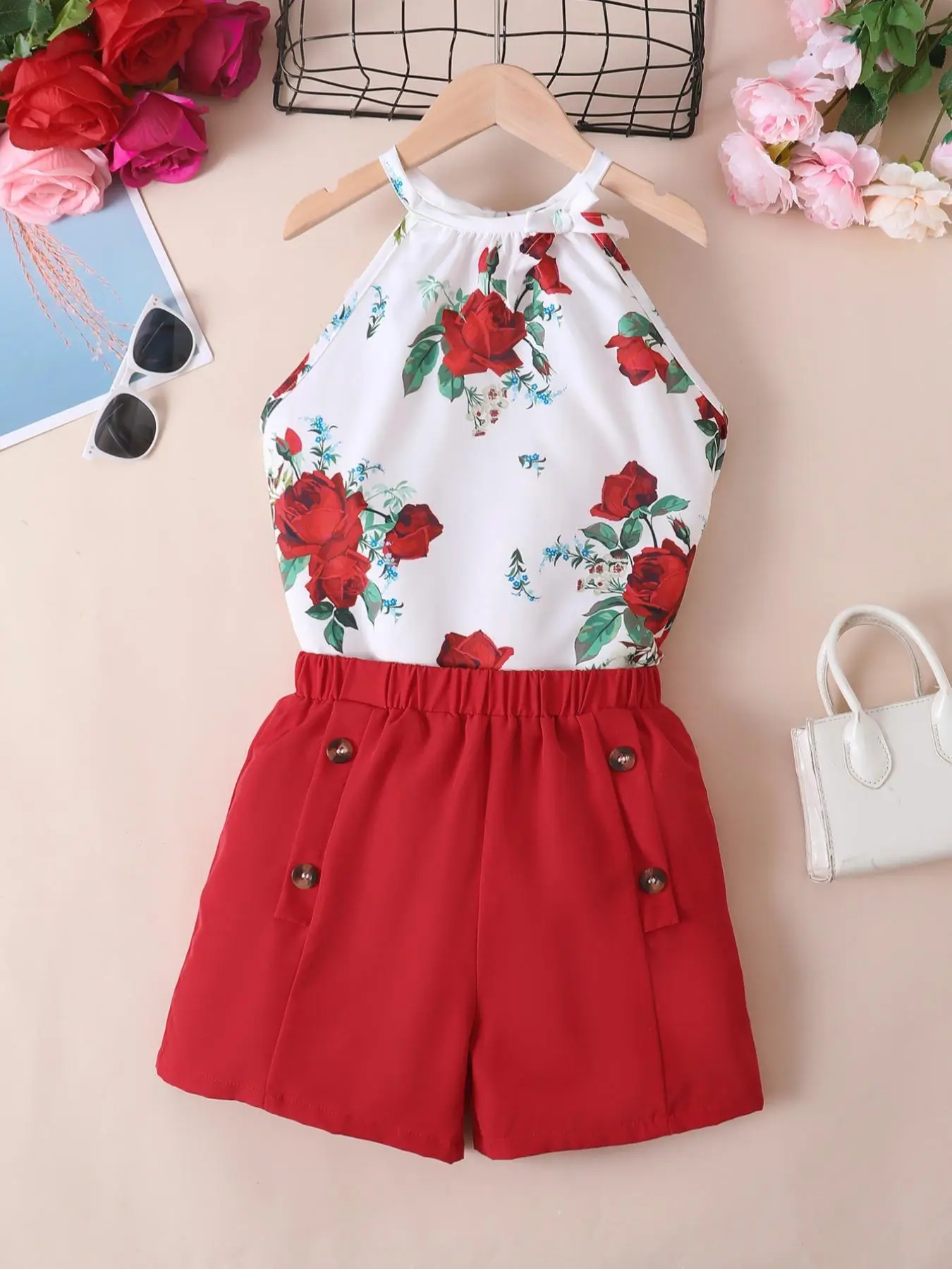 Two-Piece Set Girl's Floral Print Halter Top & Button Decor Shorts, Casual Sleeveless Top & Elastic Waist Shorts for Summer, Kids Clothes for Daily We