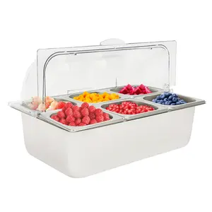 CNCEST Ice Food Serving Display Tray with Clear Roll Top Cover Buffet Cold Serving Cooler Platter Cooling Food Dishes Display Plate Case with Lid for Seafood Fruit Party Buffet Tray 17x16x10cm 3.59qt Capacity