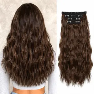 Chestnut Brown Hair Extensions, 20 Inches Soft Synthetic Curly Clip in Hair Extensions 4Pcs