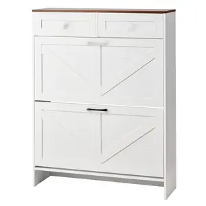 White Shoe Cabinet With 2 Flip Drawers, Farmhouse Style Shoes Storage Cabinet With Dual Drawers And Anti-Tipping Device, Freestanding Organizer For Entryway, Hallway, Bedroom Or Living Room