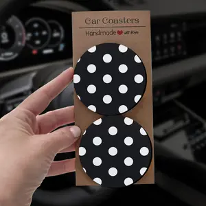 Car Coasters [2/4 Pack] Black White Polka Dot Absorbent Cup Holder Coasters for Women Anti-Slip Neoprene Classic Car Aesthetic Auto Decor Decoration Car Interior Set Car Interior Accessory