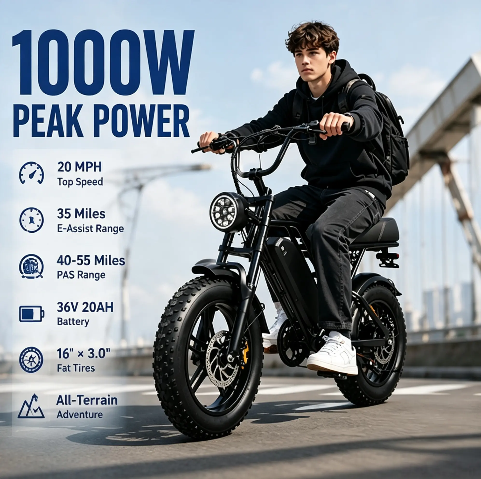 16" Fat Tire All-Terrain Electric Bicycle - 1000W Peak Motor, 36V20AH Large Capacity Battery, 3-Speed Shift, 7-Speed Adjustable Flywheel, LED Digital Screen, Up to 20MPH, 35-55 Mi E-Assist Range