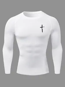 Men's Cross Graphic Print Long Sleeve Compression Shirt, Gym Workout Fitness Training Running Tight-Fit T-Shirt, Athletic Quick-Dry Elastic Baselayers Undershirts Top, Spring & Fall Sportswear, Athletic Apparel, Athletic Fashion Activewear