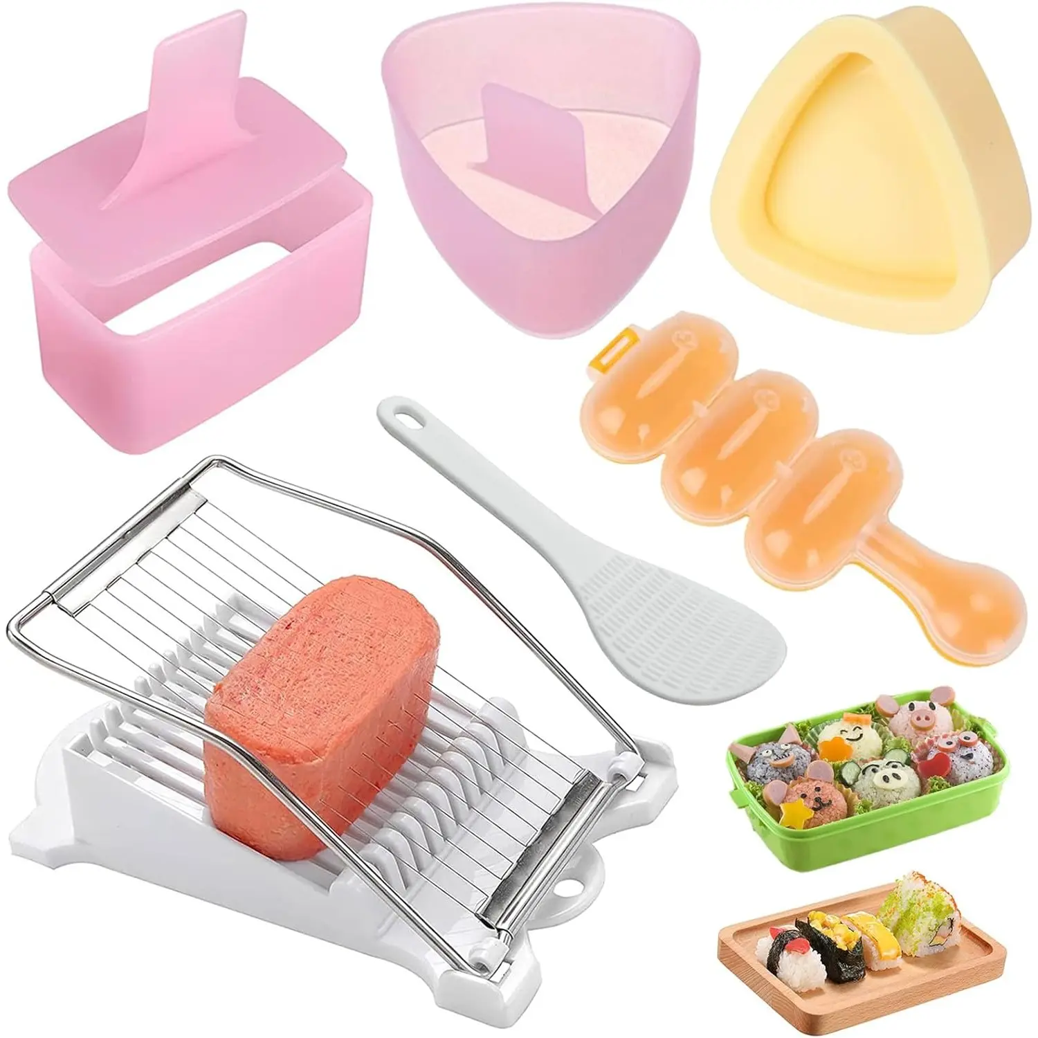 6 Pcs/Set Spam Musubi Maker Mold Press (Non Stick) with Luncheon Meat Slicer Kit Sushi Shake Rice Ball Mold Onigiri Mold Sushi Making Tool Egg Slicer Hot Dog Cutter for Kitchen,DIY Hand Tools Kits