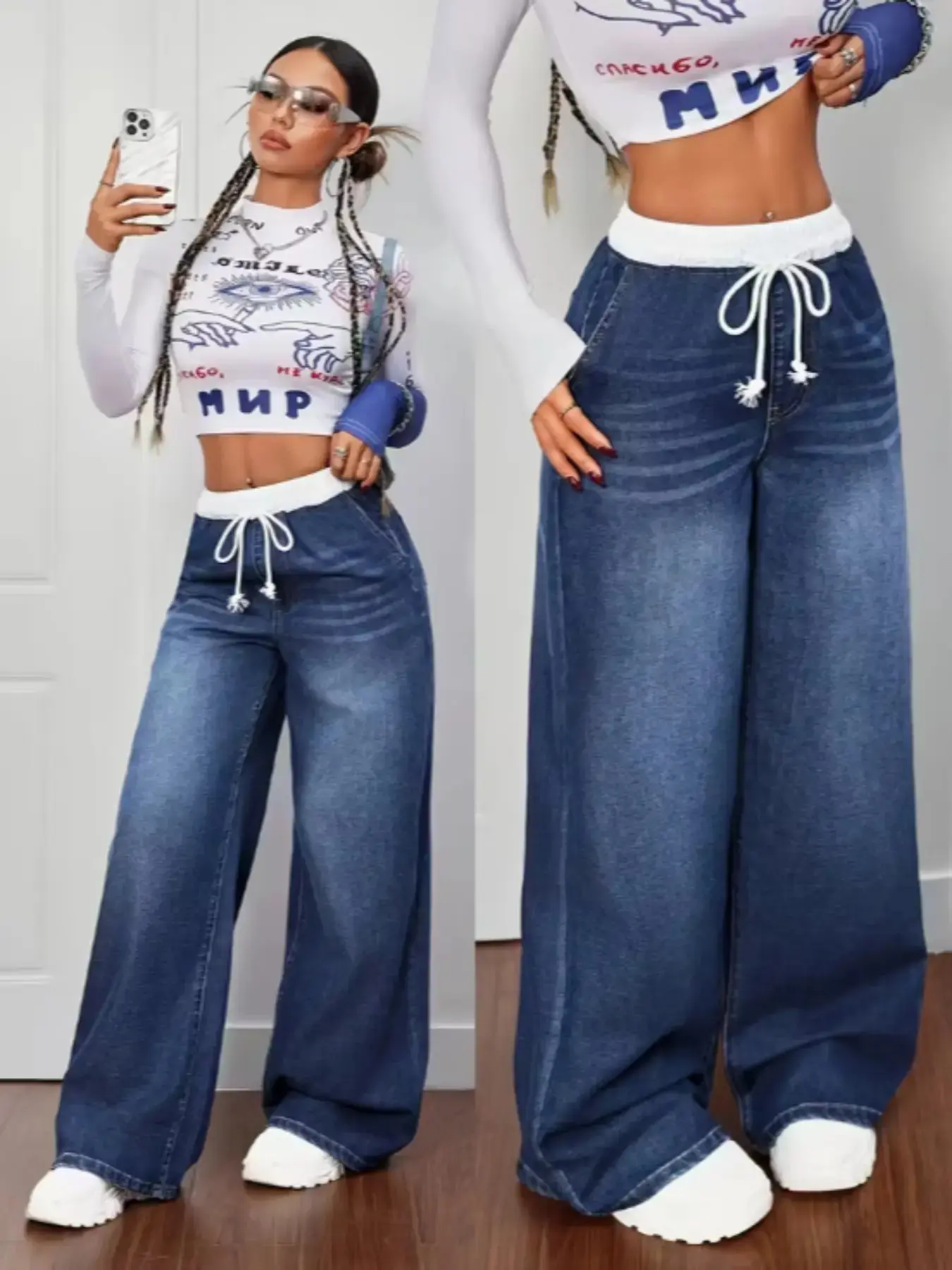 Women's High-Waisted Drawstring Loose Fit Baggy Oversized Button Denim Jeans Daily Outfits, Everyday Casual Korean Fashion Streetwear Wide Leg for All Seasons, Comfortable Boyfriend Style Womenswear Pants Bottom