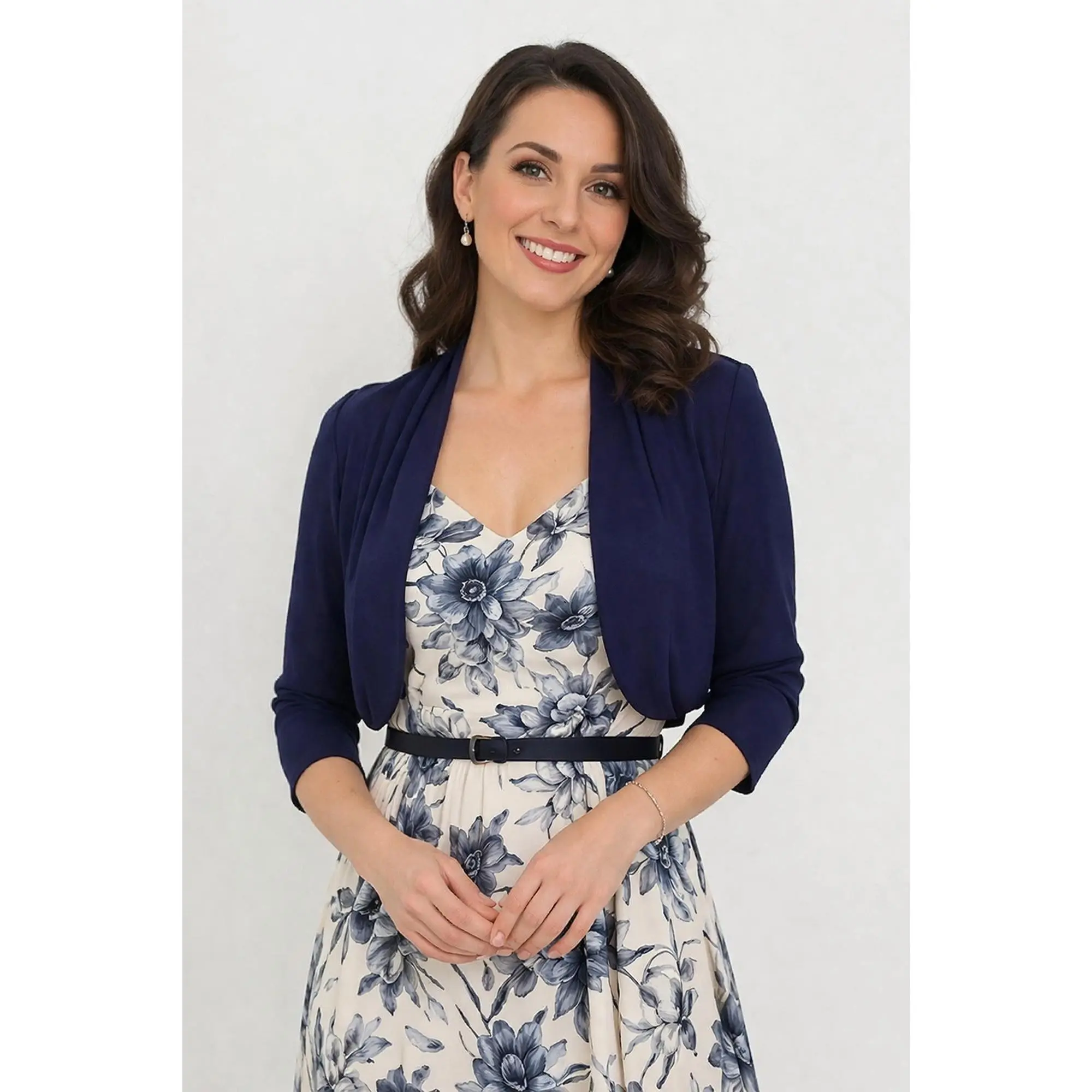 Women's Formal Bolero Shrug Jacket, Stretchy 3/4 Sleeve Georgette Cover Up for Weddings and Cocktail Dresses, Lady