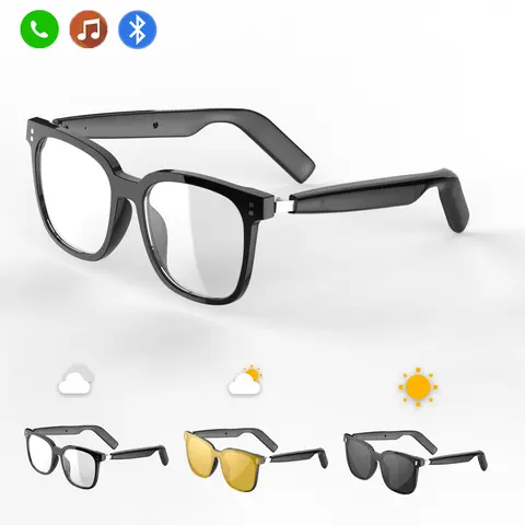 PIXNMO Unisex Wearable Multifunctional Smart Glasses - Transparent Lens, Waterproof, Adjustable, Wireless Headphone, Bluetooth Speakers, 30g, 6mo Standby Off, Magnetic Interchangeable Lenses, Charging Cable (Black, Yellow)
