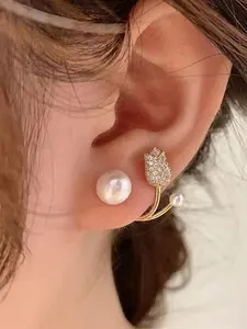 Women's Pearl-Crystal Floral Wrap Earrings, Flower Earrings, Bejeweled Costume Jewelry Accessories, Bejeweled Earrings