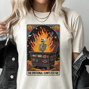 Tarot Skelton Tees Tarot Skull T-Shirts Hot Mess Express Skull Tee Drama Queen Rocker T-shirt Emotional Dumpter Fire Top Funny Tarot Card Skull Tshirt