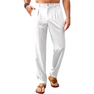GOITHCA Mens Casual Linen Pants Elastic Waist Lightweight Loose Fit Pleated Slacks Summer Cotton Beach Yoga Trousers