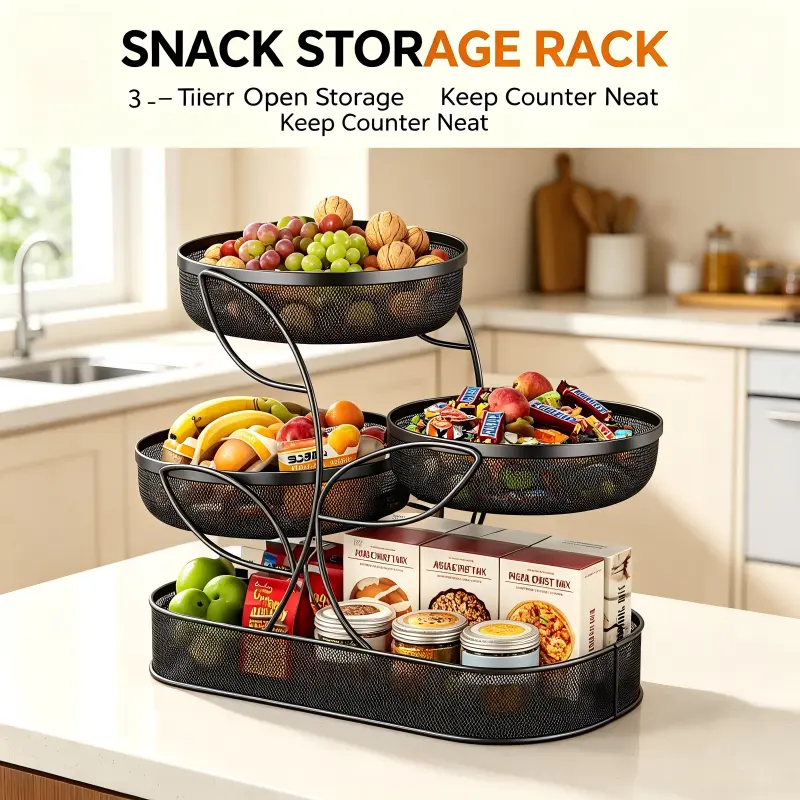 Multifunctional Black Metal 4-Tier Open-Design Fruit & Nut Storage Rack - Round Single-Unit Box, Breathable Mesh Display Stand, Stable Load-Bearing Organizer for Kitchen Counter, Easy to Remove and Clean, Circular Storage Rack