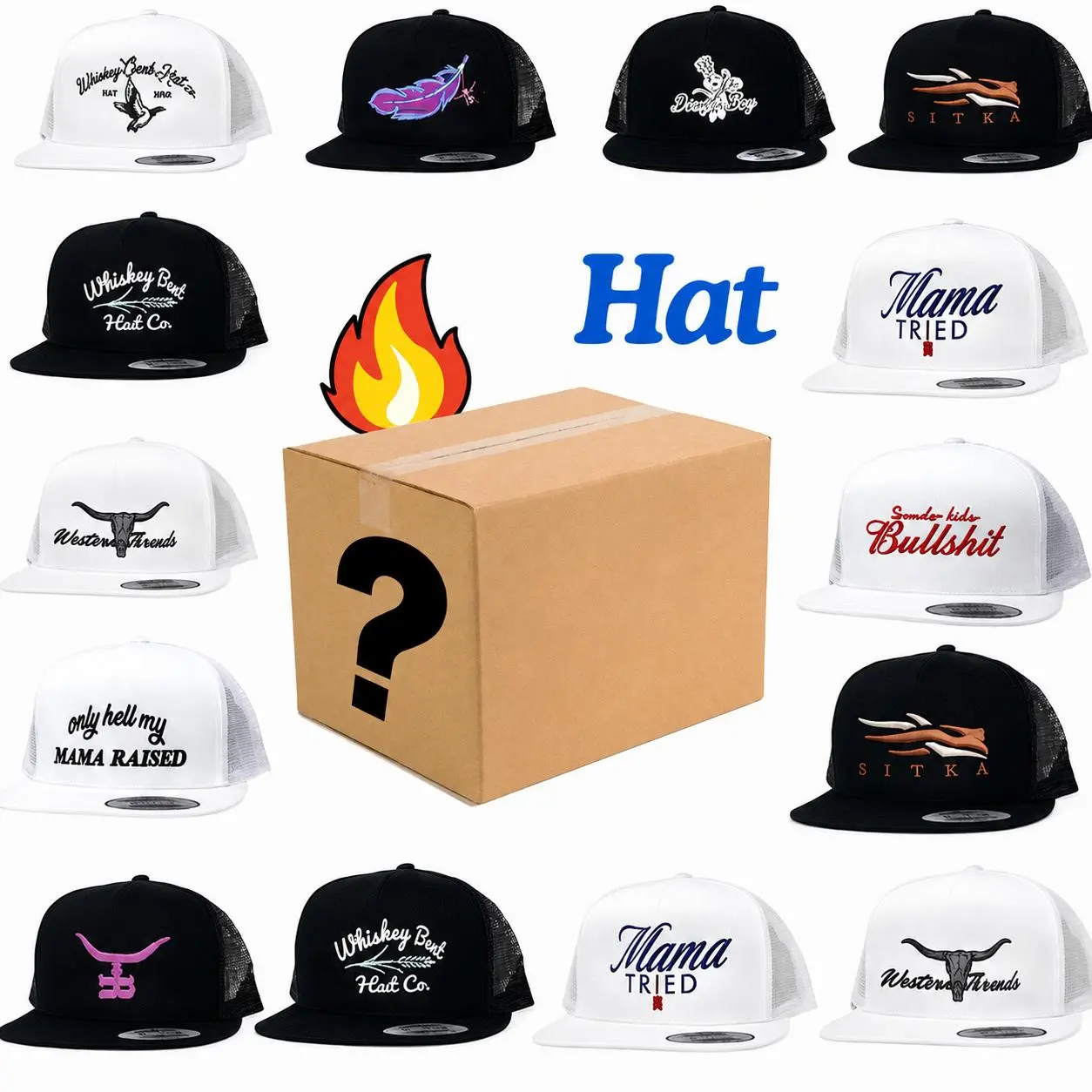 One Hat Box Sent Snapback Mama Tried Happy, Whiskey Creek, Feathered Outlaw, Dough Boy, Standin On Business Trucker Hat Gift