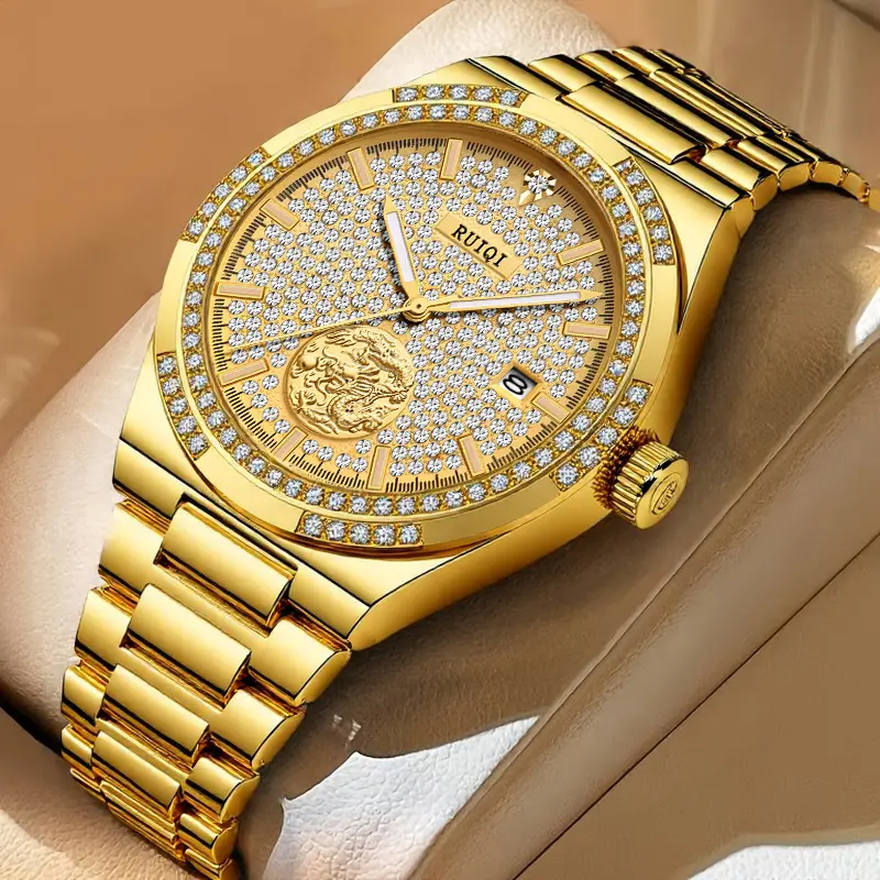 Luxury Rhinestone Mechanical Watch for Women, Gold Accented Casual Wristwatch with Luminous Display and Stainless Steel Band, Rhinestone Diamond Watch, Casual Analog Watch