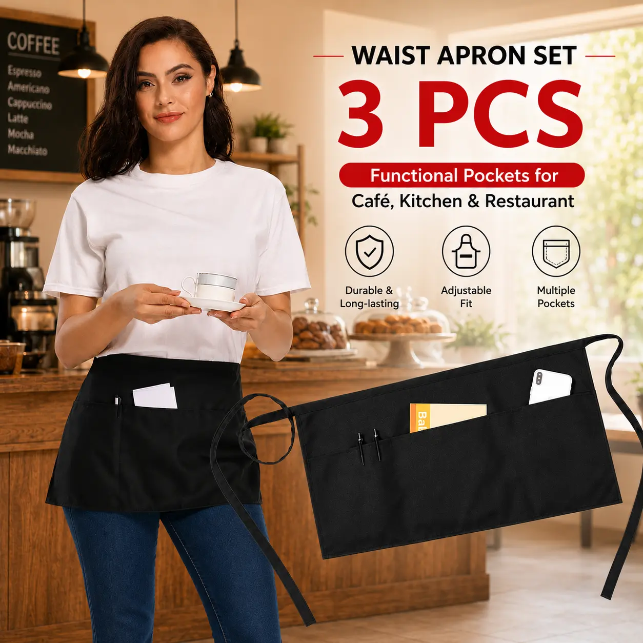 3-Pack Waterproof Waitress Aprons with Pockets - Heavy-Duty Server & Kitchen Aprons for Professional or Home Use
